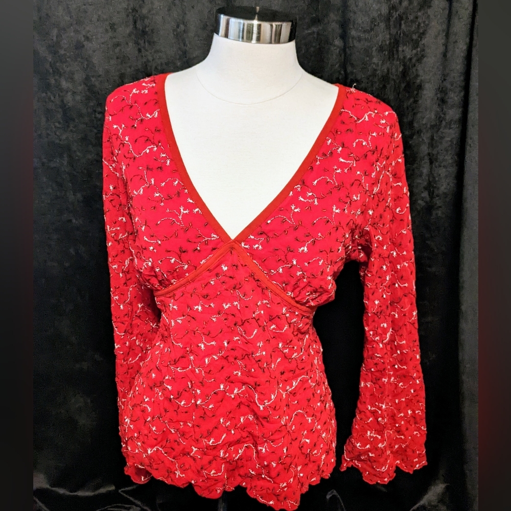 INC Red Flowered V-Neck Shirt- Women's Size L